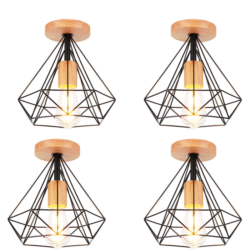 foto del prodotto 4 pezzi moderno lampada da soffitto industriale e27 25cm lampada forma di diamante in metallo e legno per corridoio scale soggiorno nero