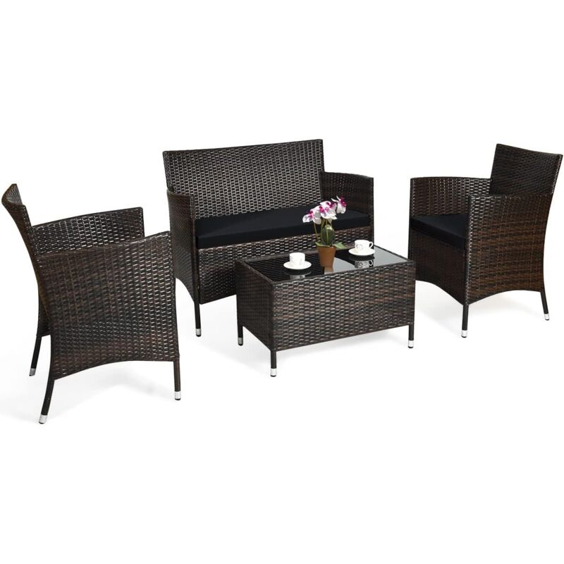 foto del prodotto 4 pezzi set di mobili da giardino in rattan pe, con tavolino in vetro temperato e cuscini, set di divani da esterno per giardino piscina e cortile