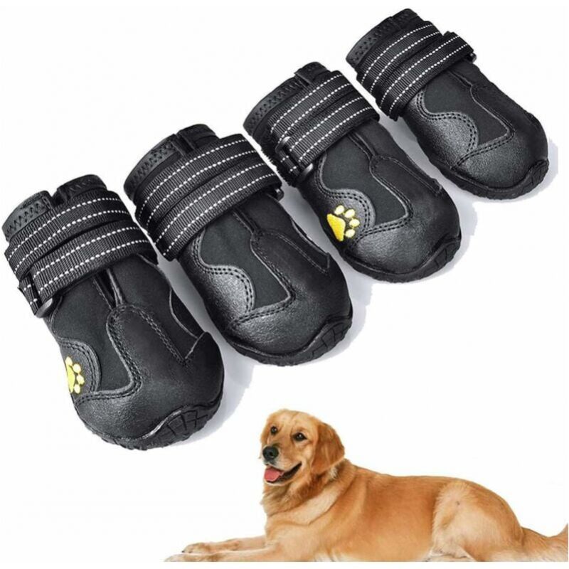 foto del prodotto 4 pezzi stivali per cani, scarpe impermeabili per cani con cinturini regolabili riflettenti per cani di taglia grande e media 6 7,5x7 cm 
