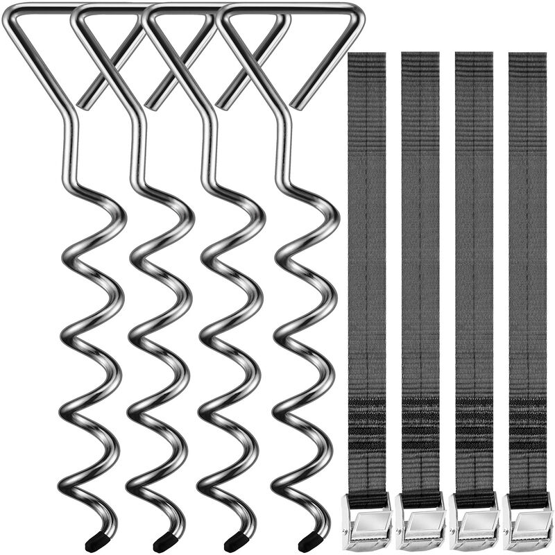 foto del prodotto 4 picchetti per fissaggio trampolino 42,5cm 5 avvolgimenti della spirale 900kg cinghie regolabili in acciaio inox set per ancoraggio a terra monzana