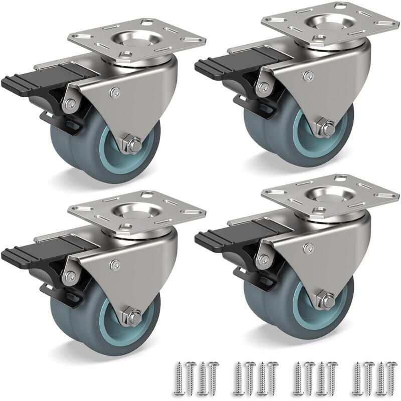 foto del prodotto 4 ruote girevoli per mobili, ruote doppie resistenti con freno viti 50 mm fino a 160 kg ruota in gomma per carrello