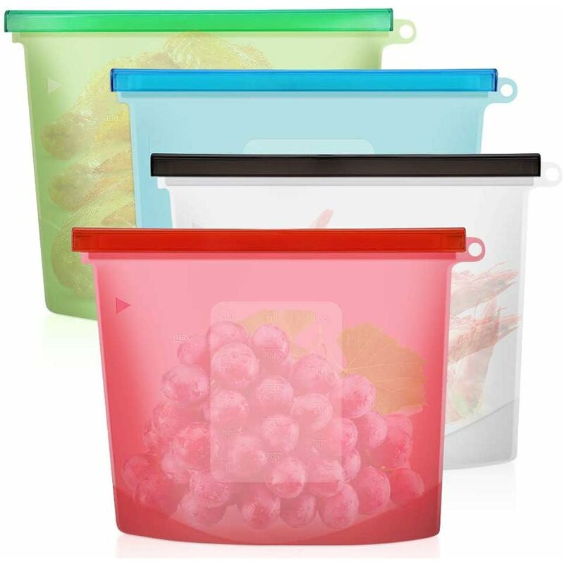 foto del prodotto 4 sacchetti riutilizzabili per alimenti in silicone, sacchetti per alimenti in silicone con clip per sandwich pranzo frutta, a prova di perdite,