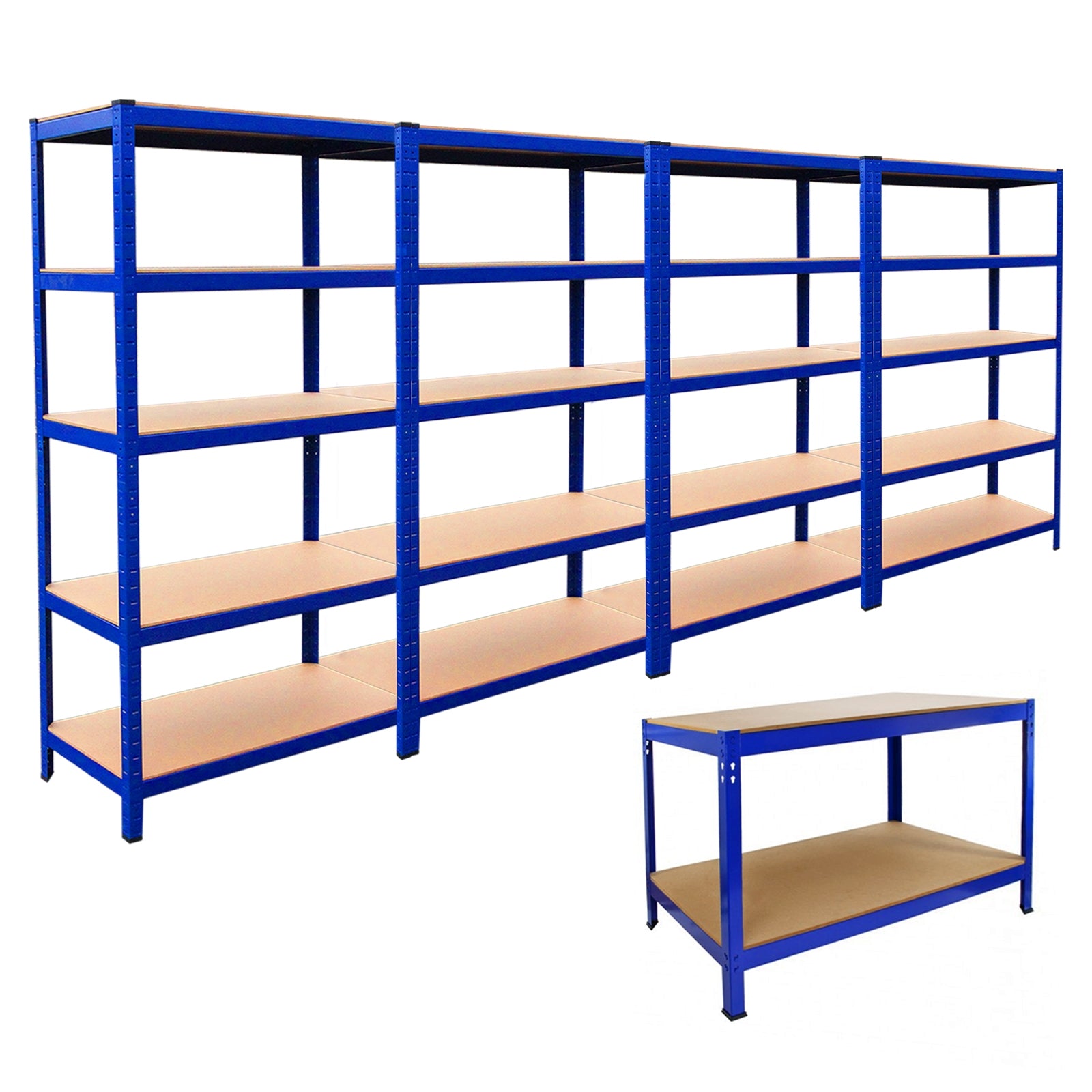 foto del prodotto 4 scaffali t rax 90x45x180cm amp banco da lavoro in acciaio senza bulloni blu
