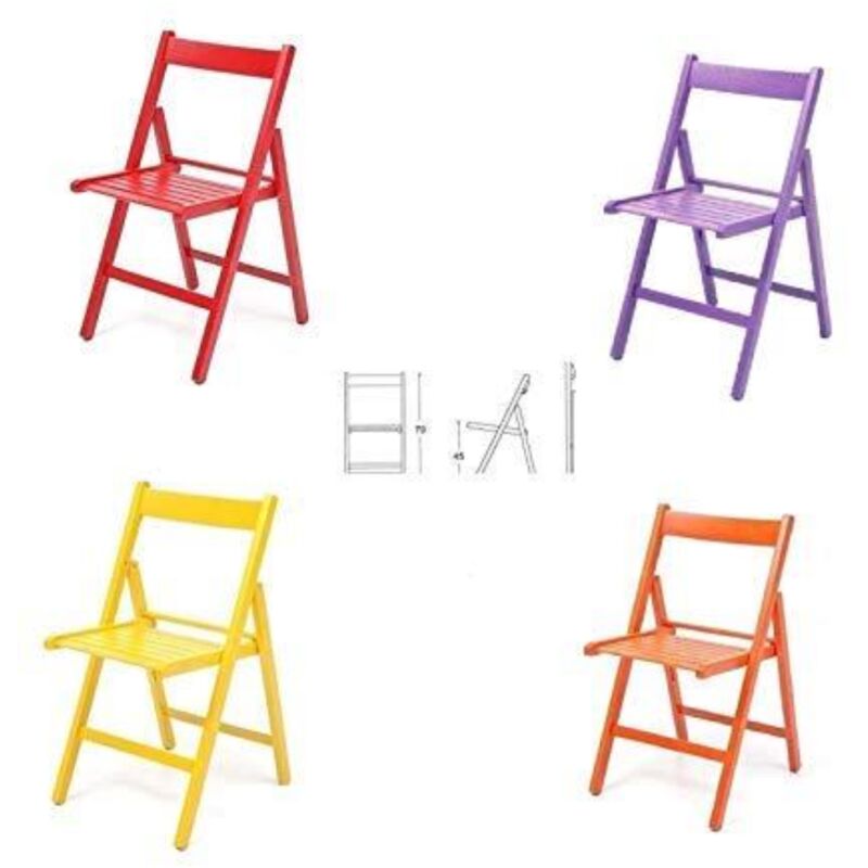 foto del prodotto 4 sedie pieghevoli in legno colorate listellare rosso viola giallo arancione