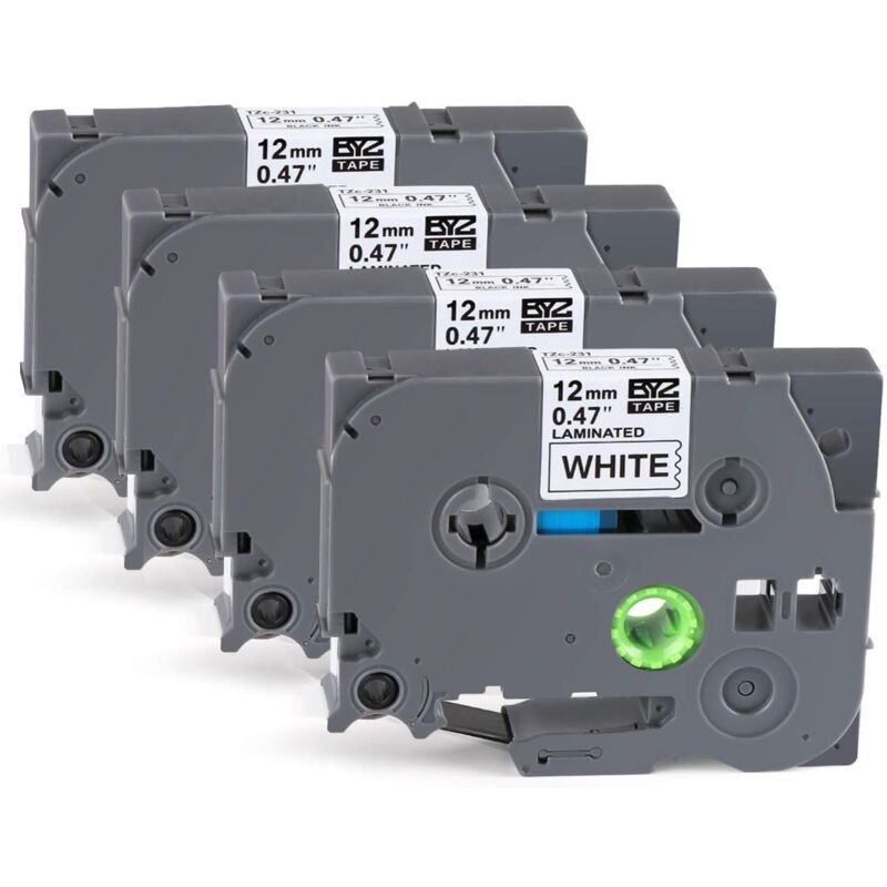 foto del prodotto 4 x nastro per etichette a cassetta nastro per etichette nero su bianco 12 mm x 8 m, compatibile con le etichettatrici brother p touch pt e100