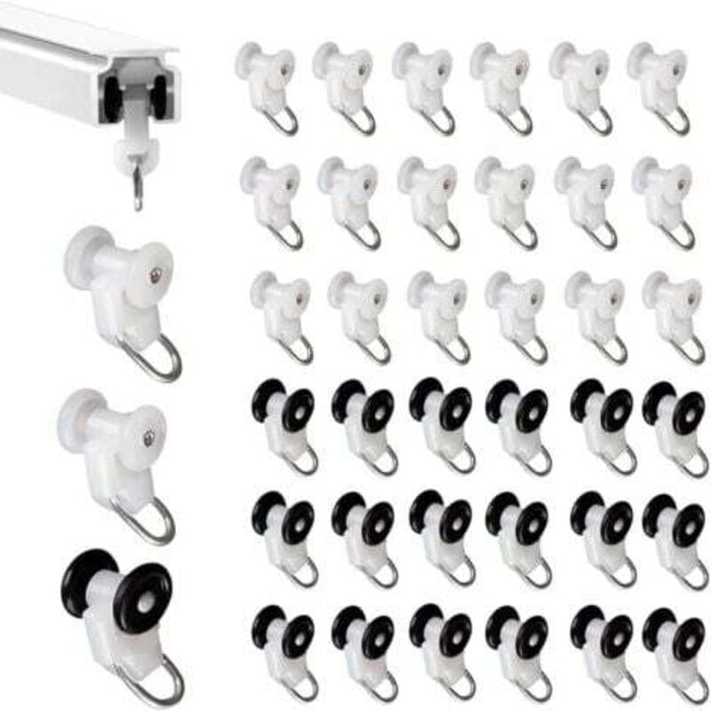 foto del prodotto 40 pezzi di guide a rulli per tende, ganci per guide per pergole, pulegge in metallo, guide per tende, aste per tende e guide.