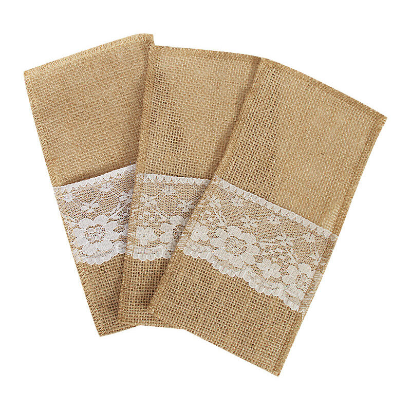 foto del prodotto 40 sacchetti per posate in iuta, portaposate in tela di iuta, sacchetti per posate vintage con centrotavola in pizzo per decorazioni nuziali, per