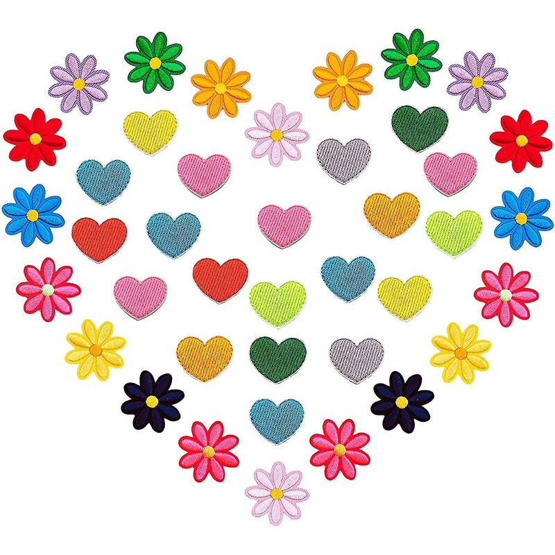 foto del prodotto 40 toppe con applicazioni di fiori e cuori, colori misti, mini toppe termoadesive per cucire su scarpe, pantaloni, borse, cappello, jeans,