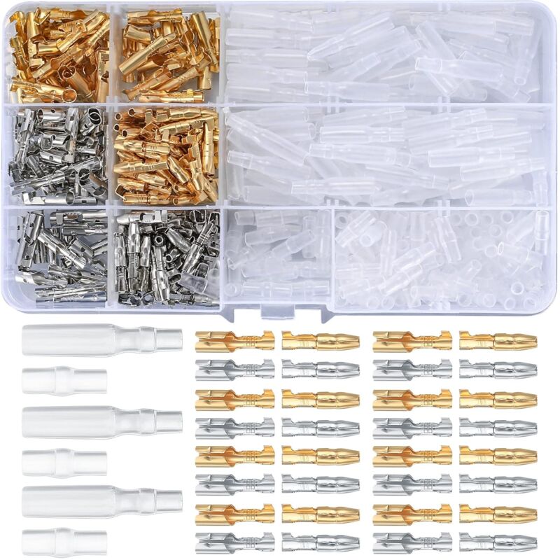 foto del prodotto 400 pezzi 3.9mm proiettile connettori in ottone maschio e femmina kit, connettore terminale proiettile con guaine isolanti, terminali filo connettore