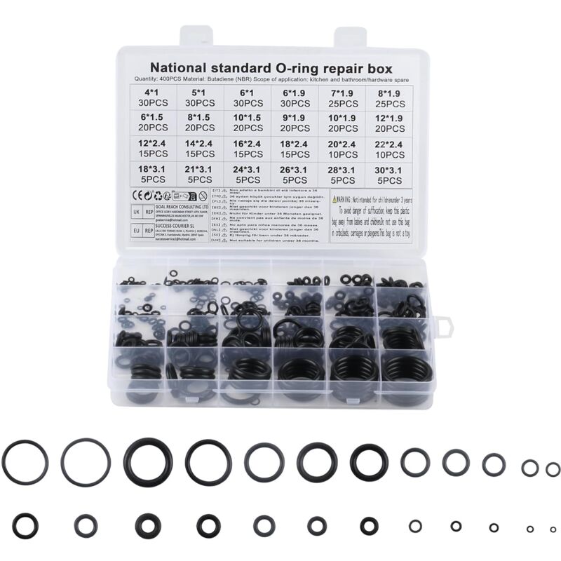 foto del prodotto 400 pezzi di o ring, guarnizioni in gomma da 24 misure, kit di guarnizioni elettriche, kit di assortimento di o ring per guarnizioni di tubi isolati