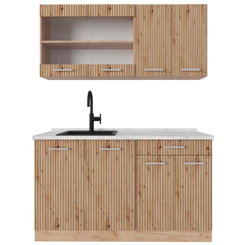 foto del prodotto vicco cucina monoblocco r line, rovere artigianale rovere goldkraft, 140 cm , pl marmo