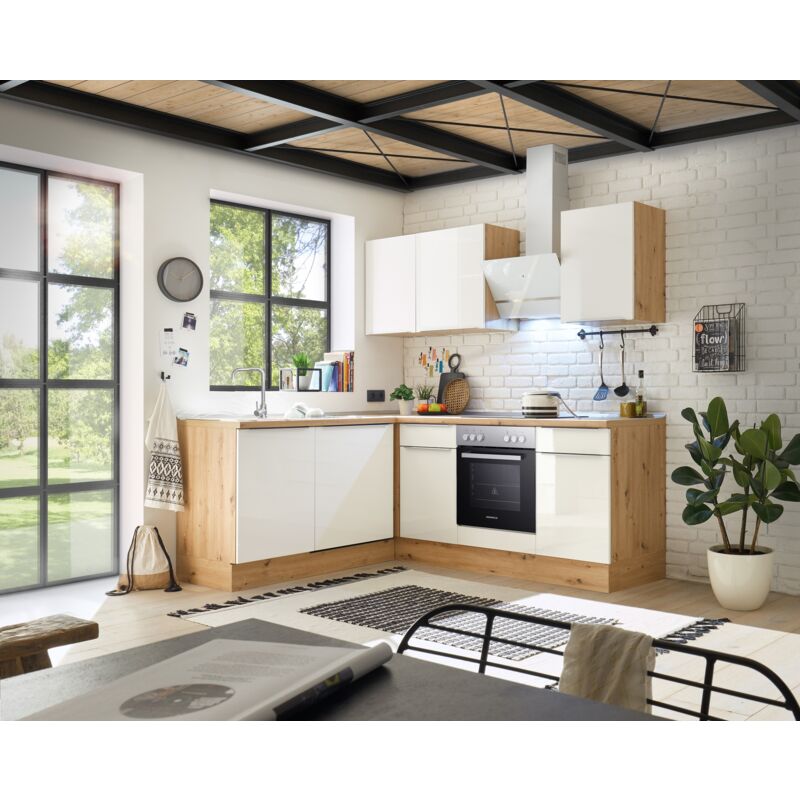 foto del prodotto cucina cucinino cucina ad angolo marleen premium 220 cm bianco artigianale rovere respecta