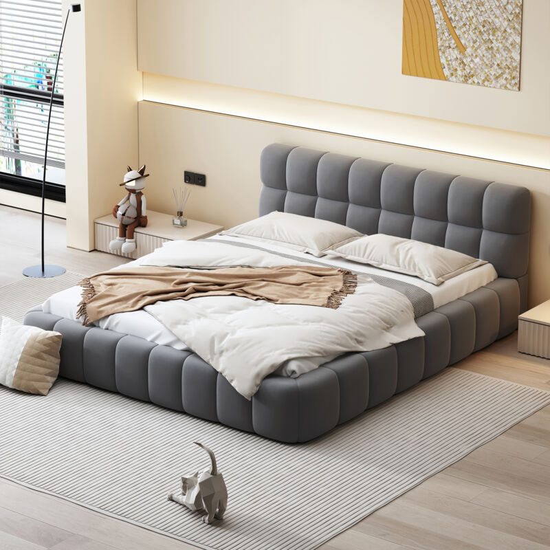 foto del prodotto letto per adulti 140x190 cm, letto per ragazzi, letto matrimoniale imbottito grigio con schienale morbido, rete a doghe, biancheria, senza materasso
