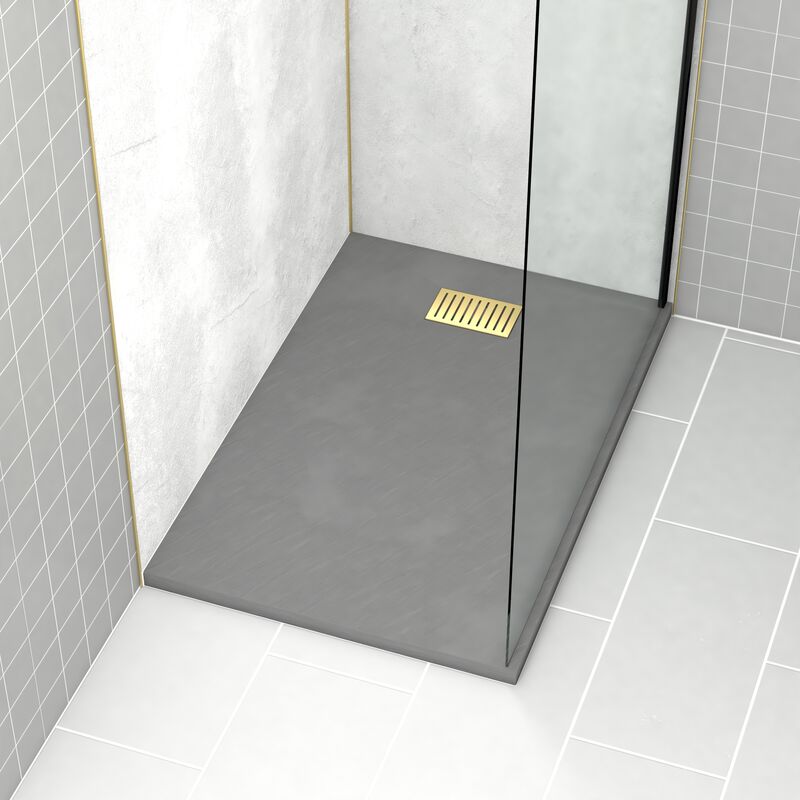 foto del prodotto aurlane pacco piatto doccia grigio effetto pietra 80x120 cm e griglia motivo lineare oro spazzolato