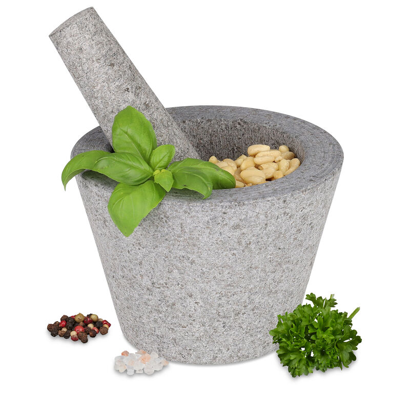 foto del prodotto relaxdays mortaio e pestello in granito, hxd 10x14 cm, macina spezie, pesto di basilico, cocktail mojito, grigio chiaro