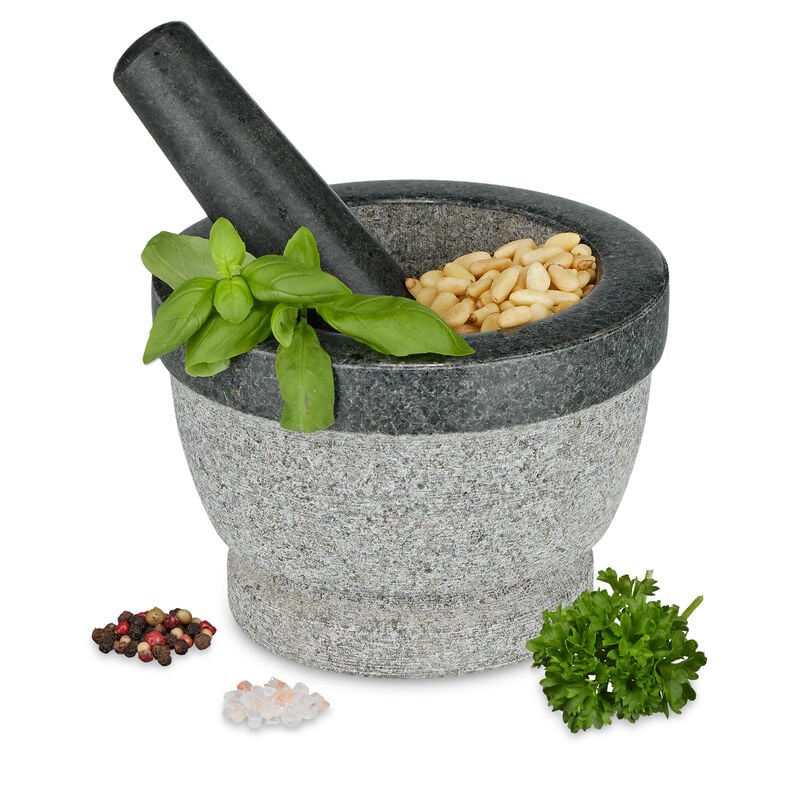 foto del prodotto relaxdays mortaio e pestello in granito, hxd 10x14 cm, macina spezie, pesto di basilico, cocktail mojito, grigio chiaro