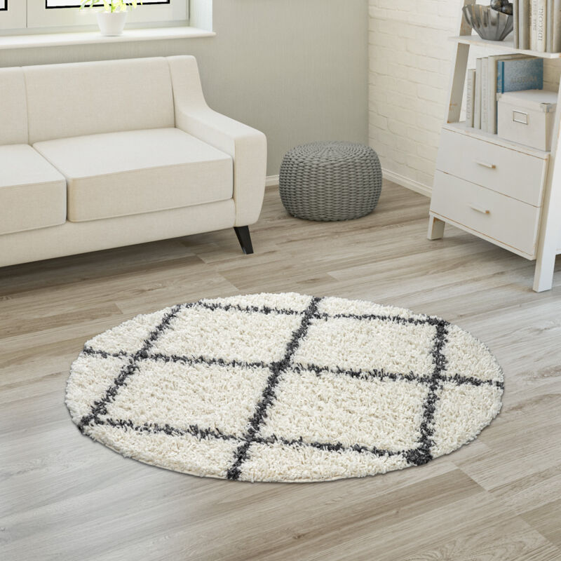 foto del prodotto paco home morbido tappeto a pelo lungo shaggy per soggiorno in stile scandinavo con motivo a rombi 120 cm tondo, crema