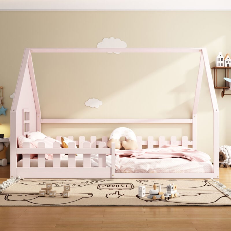 foto del prodotto letto basso, 140200 cm, lettino per bambini, barra della casa, ringhiera, legno di pino, rosa