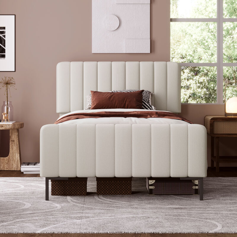 foto del prodotto letto per adulti letto singolo imbottito 90 x 200 cm, struttura letto con testiera regolabile, lino, grigio e beige