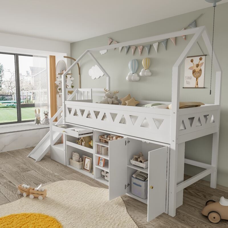 foto del prodotto lettino a soppalco per bambini 90x200cm, letto singolo con scivolo, cassetti, caselle, molteplici ripostigli, legno, bianco, senza materasso