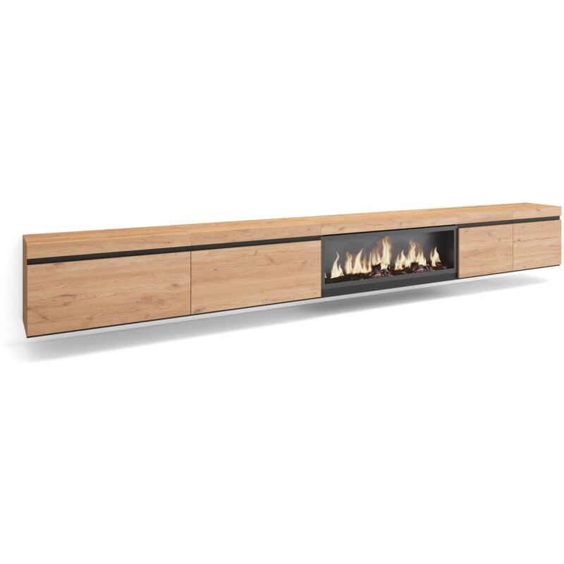 foto del prodotto mobile tv soggiorno, ampio spazio a disposizione, 368x45x35, camino elettrico xxl, sospeso, da appendere, stile moderno, rovere skraut home