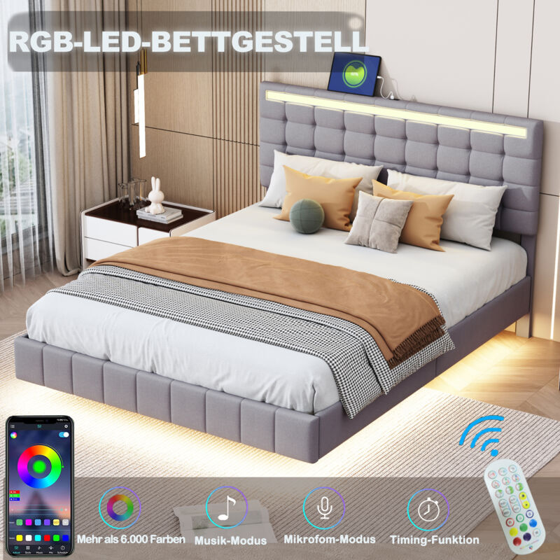 foto del prodotto letti per adulti, illuminazione led, letti matrimoniale, usb, biancheria, senza materasso, 140 x 200 cm grigio b