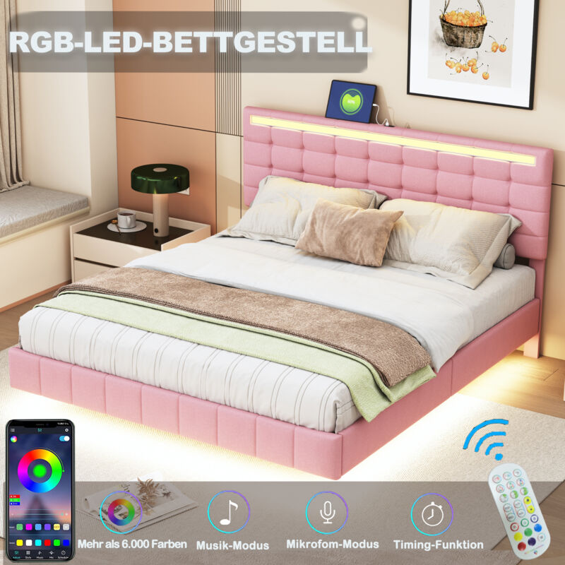 foto del prodotto letti per adulti, illuminazione led, letti matrimoniale, usb, biancheria, senza materasso, 160 x 200 cm rosa b