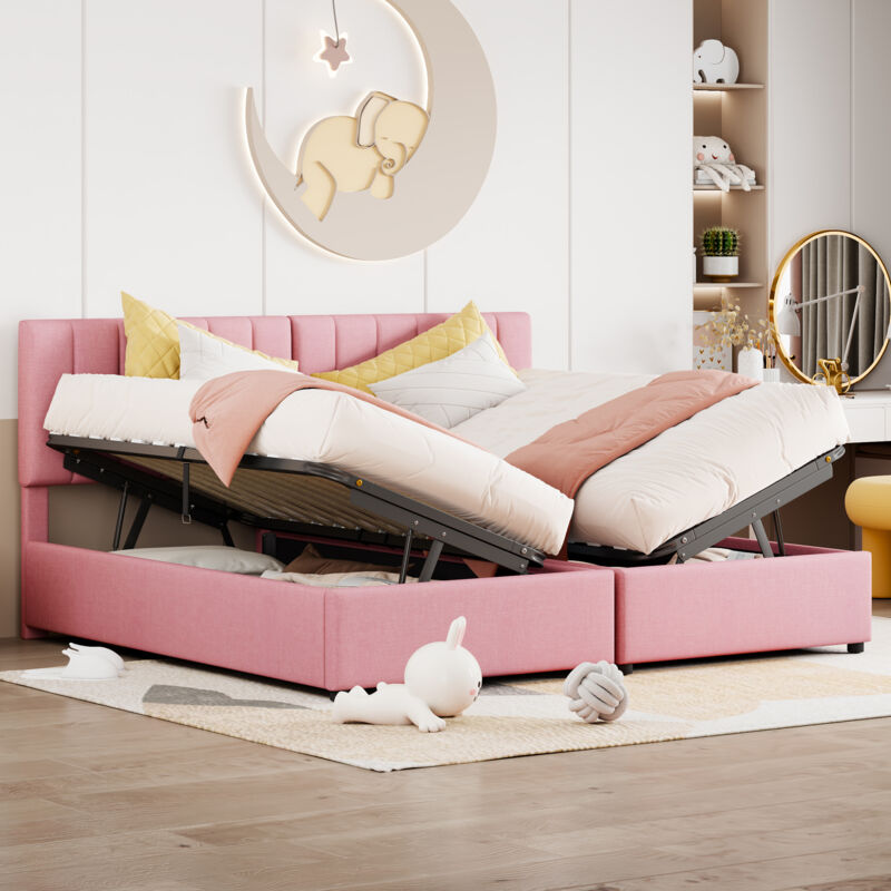 foto del prodotto letti a cassettone 180x200cm, letti imbottito per adulti bambini, idraulico, lino, senza materasso, rosa