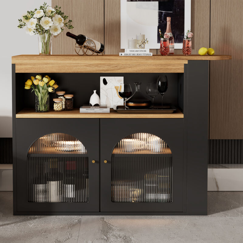 foto del prodotto tavoli sala da pranzo estensibile tavolo da bar 138 193x39x105 cm bar bistrot, 2 ante, archiviazione, led, mdf, nero