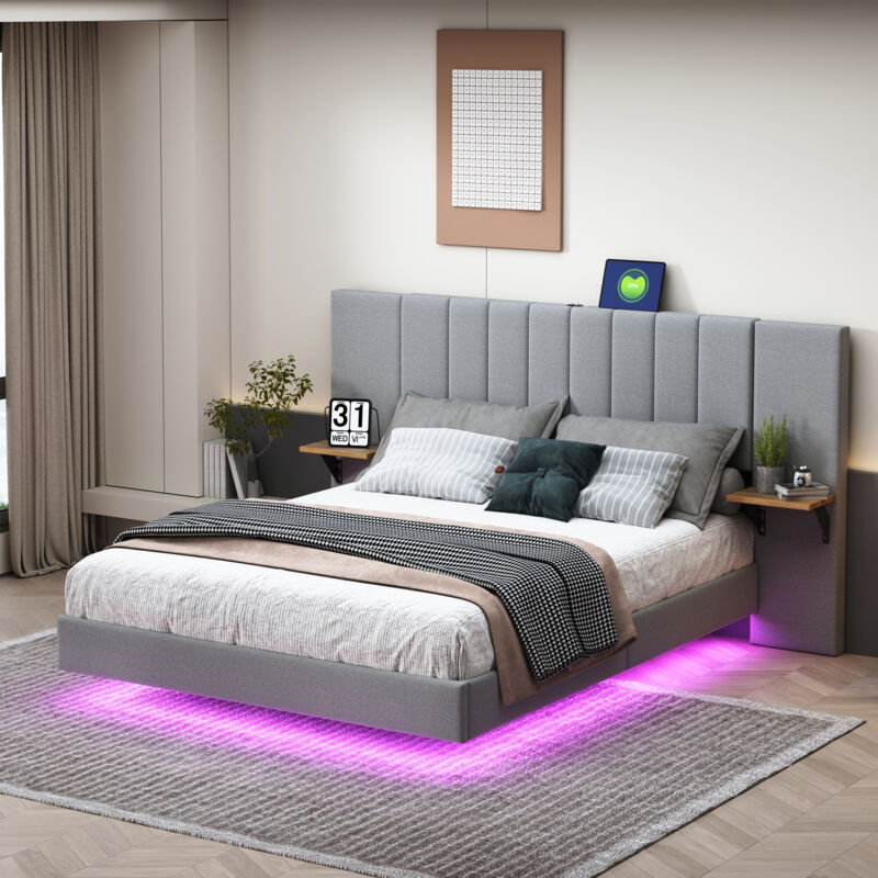 foto del prodotto letti per adulti, letti matrimoniale imbottito, testiera e schienale allungati, usb, led, lino, 140x200 cm, grigio, senza materasso