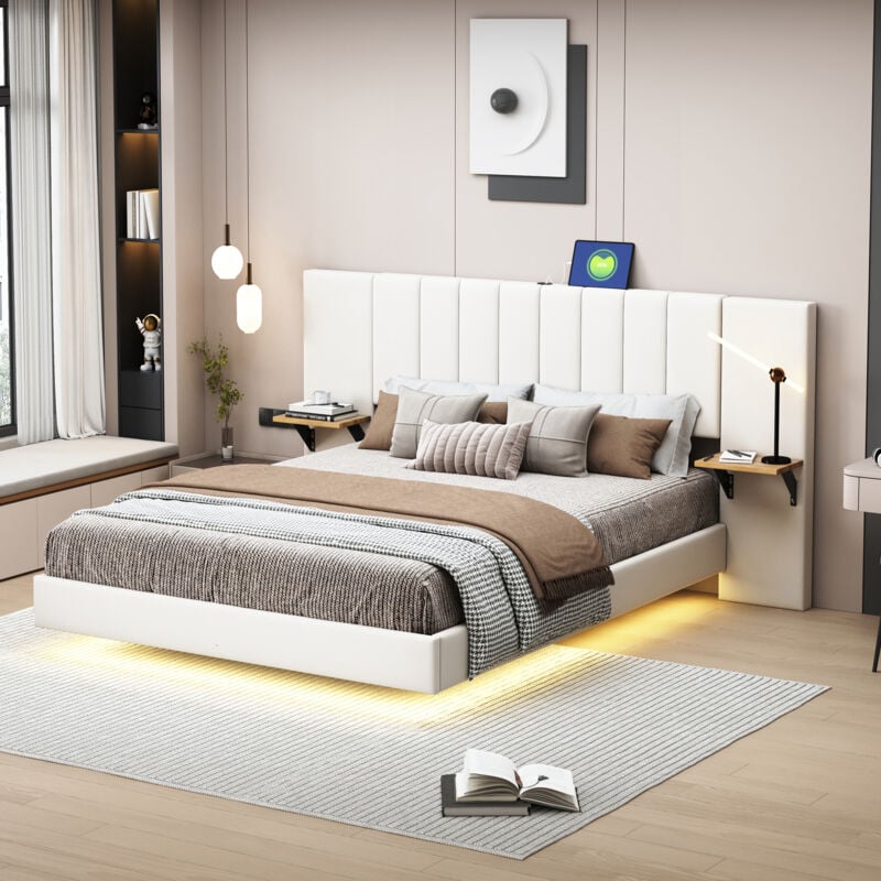 foto del prodotto letti per adulti, letti matrimoniale imbottito, testiera e schienale allungati, usb, led, lino, 140x200 cm, beige, senza materasso