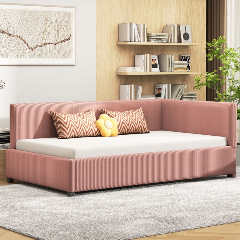 foto del prodotto divano letti 90x200 cm, letti imbottito per bambini adulti adolescenti, letti singolo, velluto, senza materasso, rosa