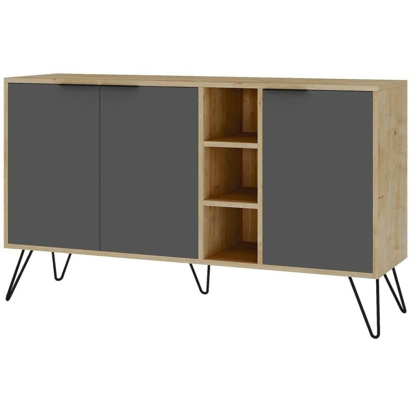 foto del prodotto credenza alin, buffet da soggiorno, madia da salotto, dispensa da cucina, 142x36h83 cm, quercia e antracite dmora