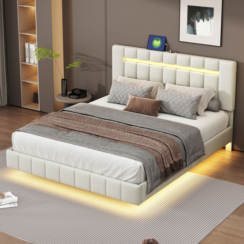 foto del prodotto letti per adulti, illuminazione led, letti matrimoniale, usb, biancheria, senza materasso, 160 x 200 cm beige a