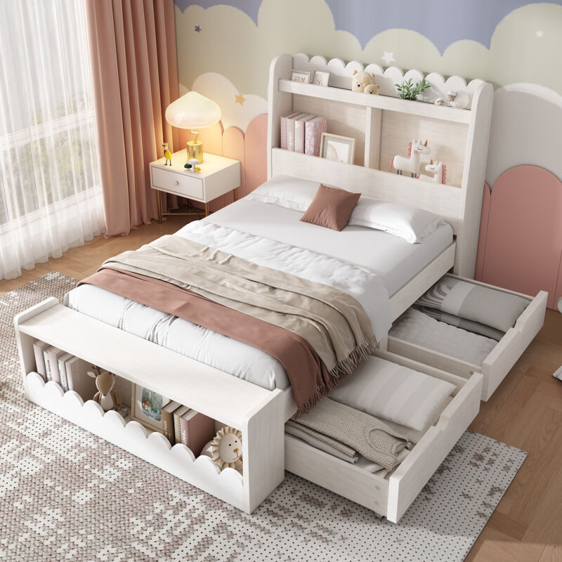 foto del prodotto letti per bambini 90x190 cm, letti singolo, letti per adulti ragazzi con cassetti, panca contenitore, bianco, senza materasso