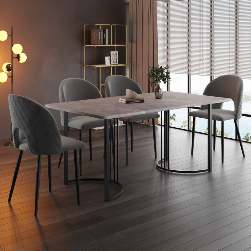foto del prodotto set tavolo e sedie moderno da cucina tavolo 140 80 cm 4 sedie , velluto grigio, piano del tavolo grigio, gambe del tavolo nere