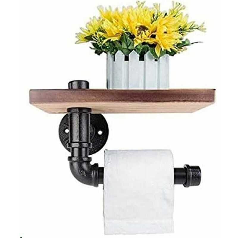 foto del prodotto mensola decorativa da parete porta carta igienica stile industriale tubo in acciaio con ripiano in legno per la decorazione del bagno