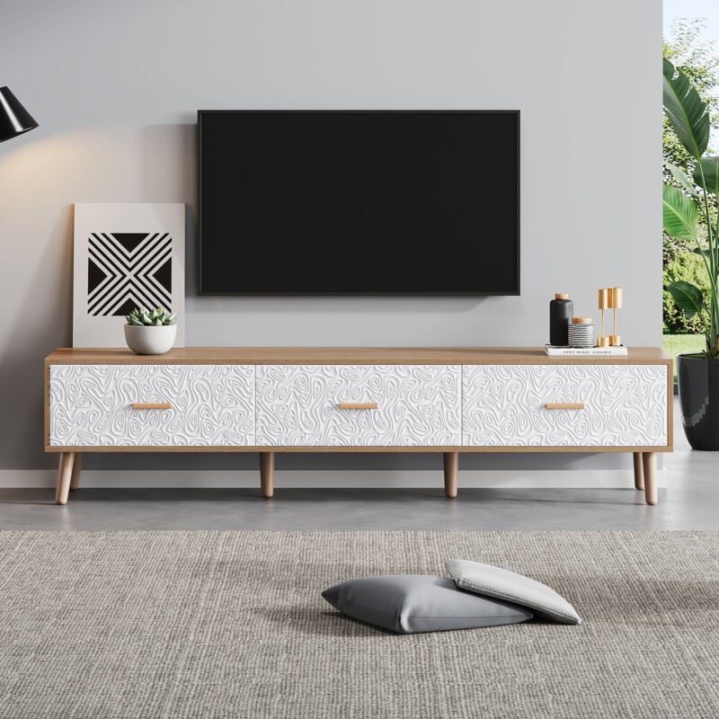 foto del prodotto redom pannello base tv vintage, tavolo tv in legno, mobile tv camera da letto soggiorno, legno chiaro, pannello porta bianco con venature