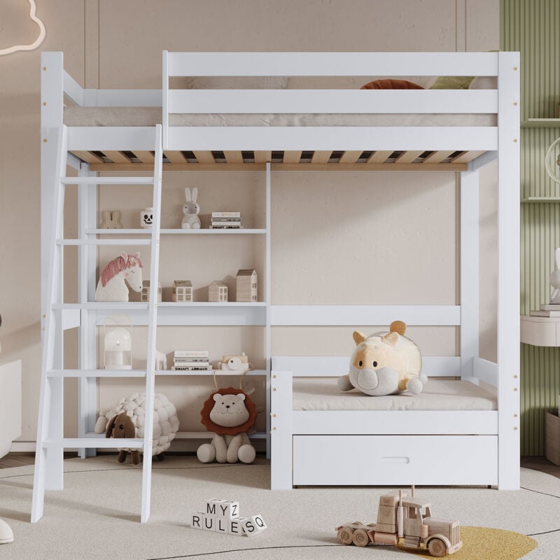 immagine 0 del prodotto redom letto a castello con ripiani e divano, letto in legno con un cassetto, letto per bambini con scaletta inclinata a cinque livelli, giroletto