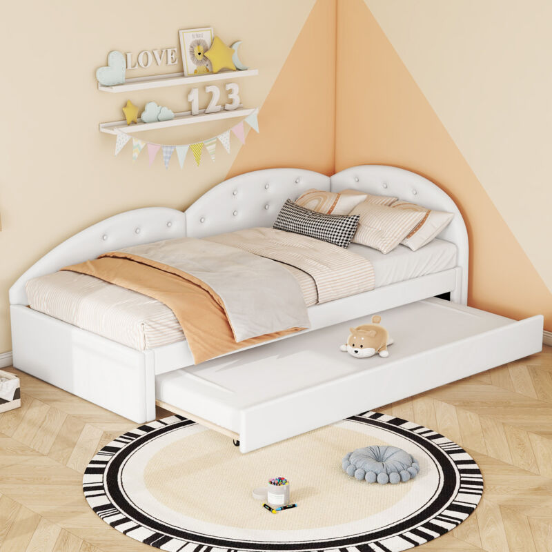 foto del prodotto letti singoli 90x200cm, letto per bambini, letto per adulti, letto per ragazze, letto estraibile, pu, senza materasso, bianco