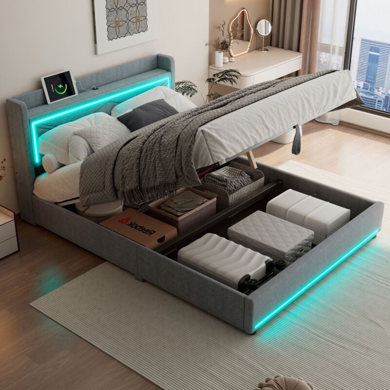foto del prodotto letti contenitori, letto per adulti, letto matrimoniale, led, testiera usb, senza materasso, 160x200cm, grigio