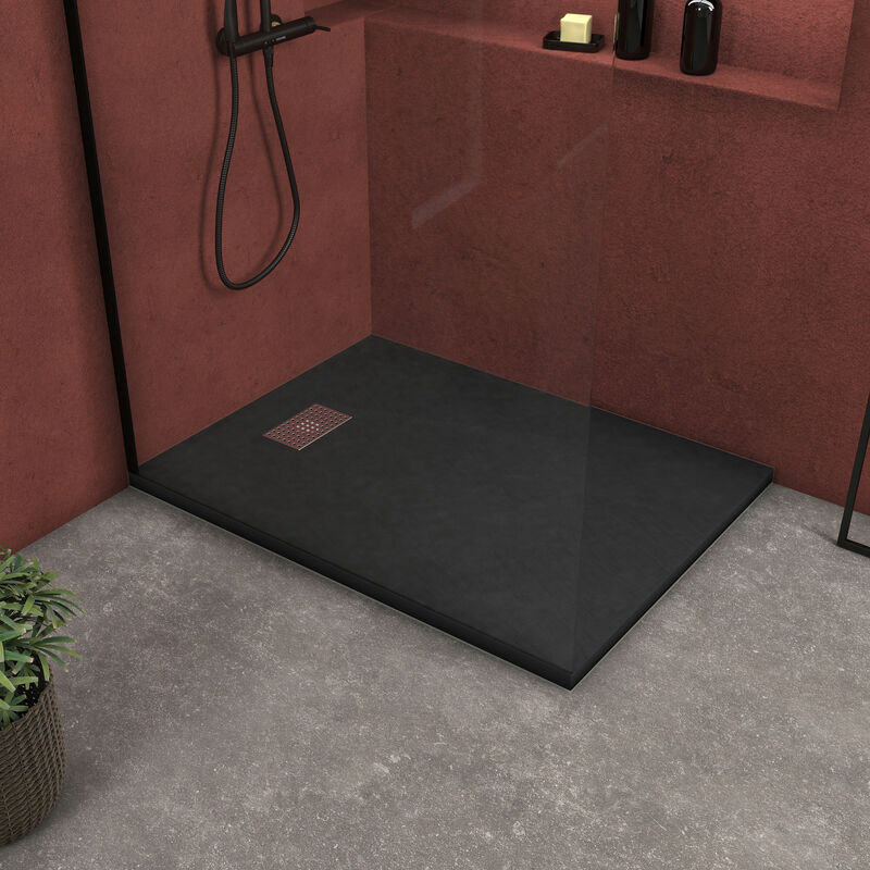foto del prodotto piatto doccia nero effetto pietra 90x120 cm e griglia motivo perforato in acciaio inox