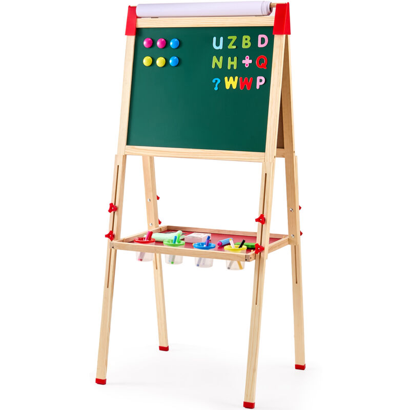 foto del prodotto mophorn cavalletto da arte per bambini, cavalletto da arte in legno 3 in 1 a doppia faccia con lavagna magnetica, lavagna e rotolo di carta, tavolo