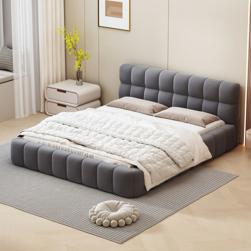 foto del prodotto letti per adulti matrimoniale imbottito 140x190 cm, letto per bambini e ragazzi, schienale morbido, lino, grigio, senza materasso