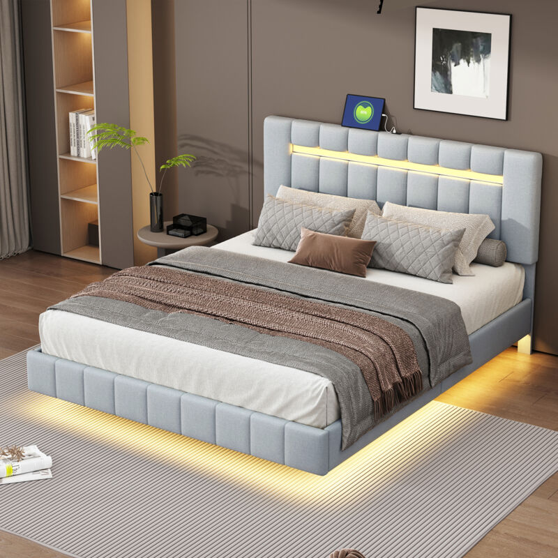 foto del prodotto letto per adulti 160x200 cm con led, lino e legno, grigio senza materasso 