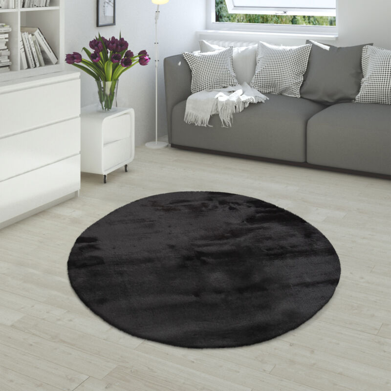 foto del prodotto paco home tappeto a pelo lungo per soggiorno in ecopelliccia ultrasoffice, imitazione pelliccia di coniglio in nero 80 cm tondo