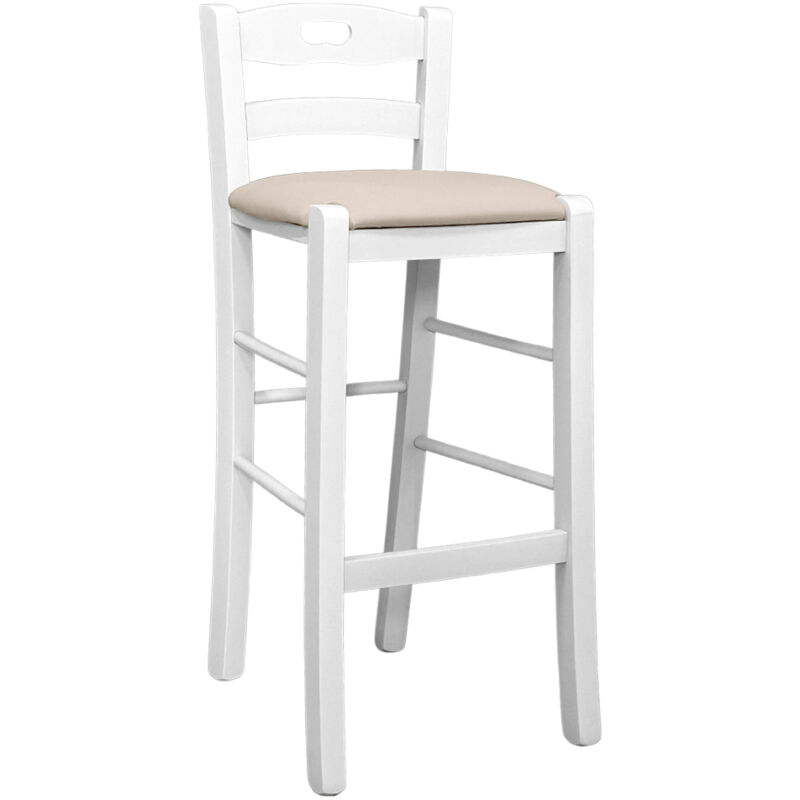 foto del prodotto sgabello legno bianco con foro nello schienale h66 seduta ecopelle beige