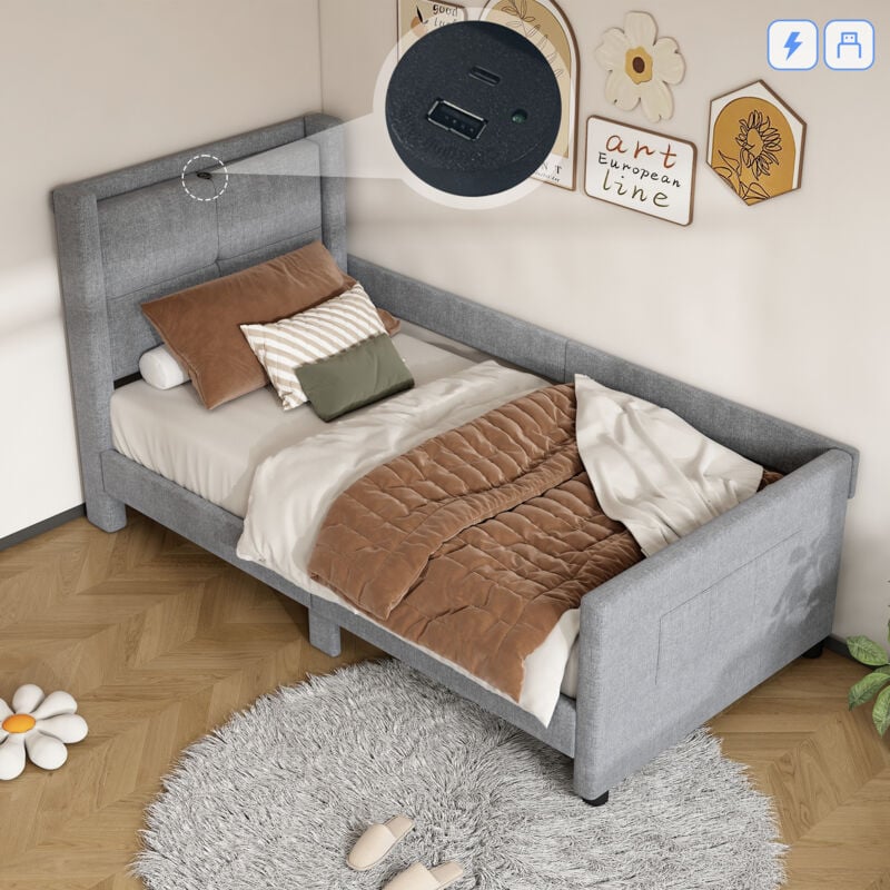 foto del prodotto letto singolo 90x200 cm, letto piano con porta usb, design minimalista, grigio