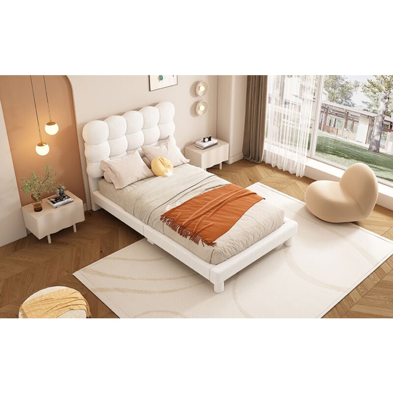 foto del prodotto letto imbottito 90x200 cm, letto adulto bambino, testiera regolabile, bianco senza materasso 