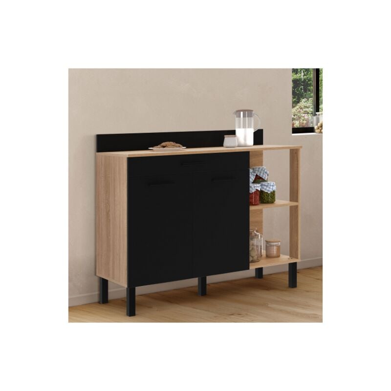 foto del prodotto cassettiera bassa cina 120 cm con piano di lavoro h.83 cm, 2 ante cassetto, finitura faggio e nero